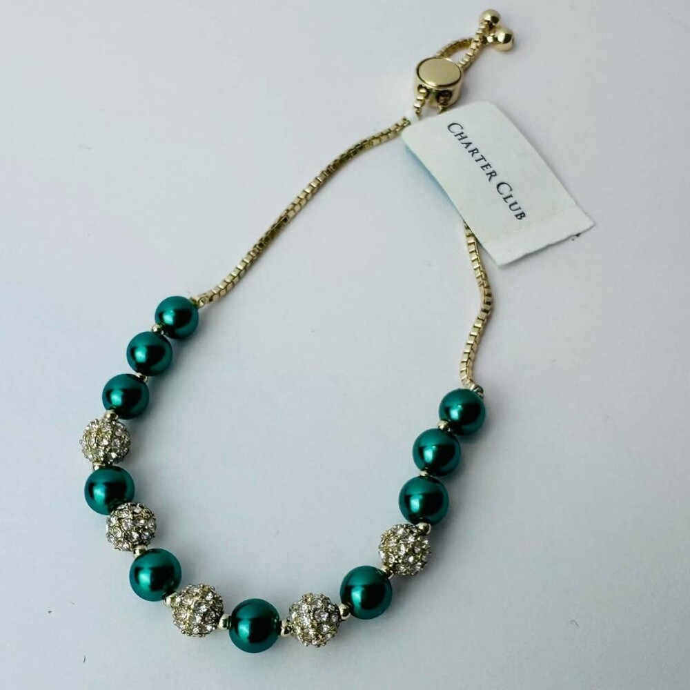 Charter Club Emerald Green Pearl & Crystal‎ Slider Bracelet